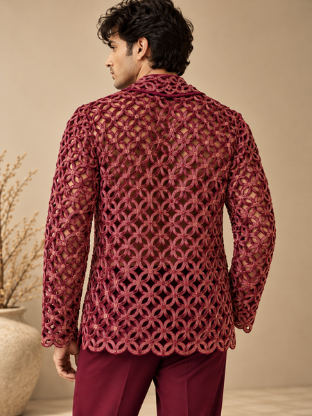 Wine Bemberg Silk Cut-Work Open Blazer (The Royal Garnet) - MMJCUS008