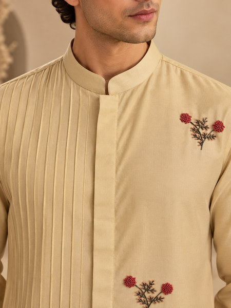 Beige Cotton/Silk Kurta Set (The Sandalwood Blossom) - MMK0679