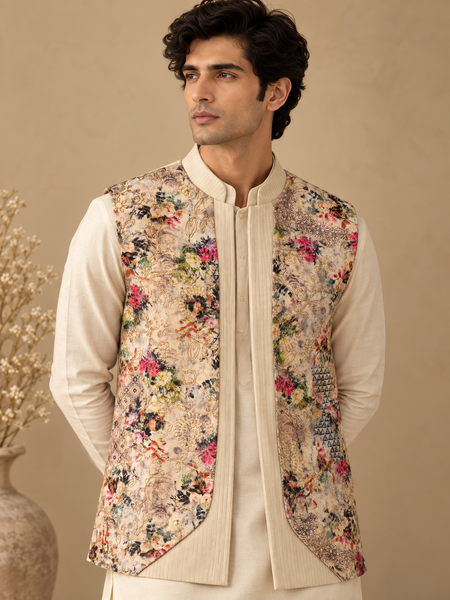 Beige Floral Silk/Cotton/Chanderi Short Open Jacket (The Spring Bloom) - MMSOJ030