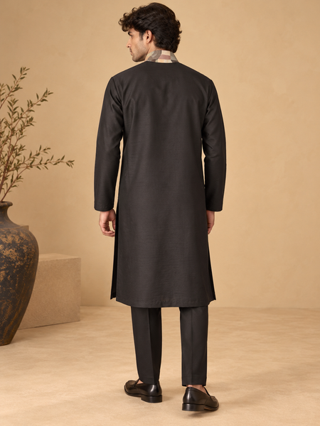 Black Bemberg Silk Kurta Set (The Midnight Geometry) - MMK0685