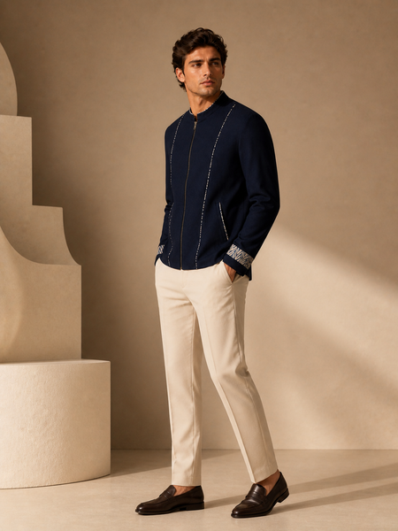 Blue Malai Cotton Bomber Jacket (Iced Navy Meridian) - MMBJ050