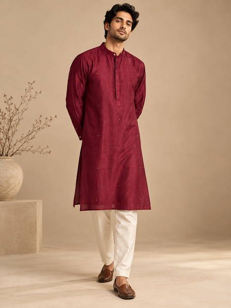 Wine Bemberg Silk Kurta Set (The Dark Dahlia) - MMKCUS007