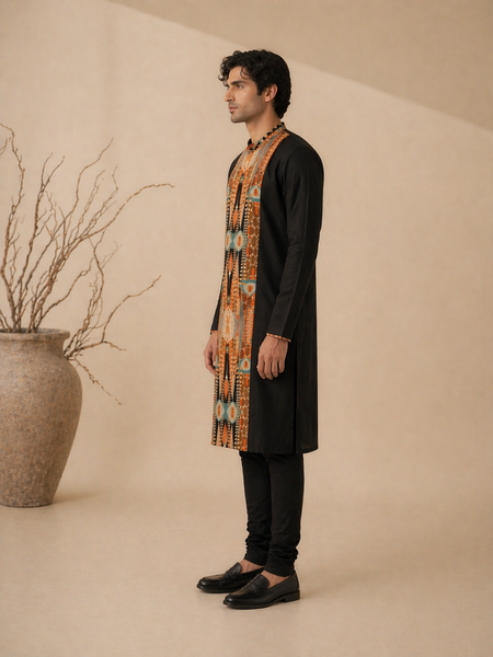 Black Bemberg Silk/Muslin Kurta Set (Burnt Toffee Shadow Float) - MMK0658
