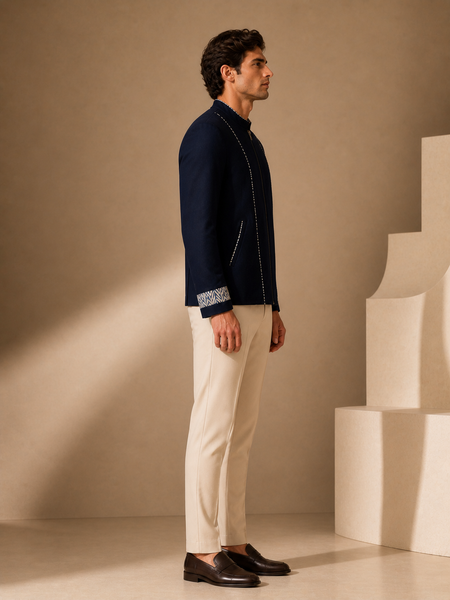 Blue Malai Cotton Bomber Jacket (Iced Navy Meridian) - MMBJ050