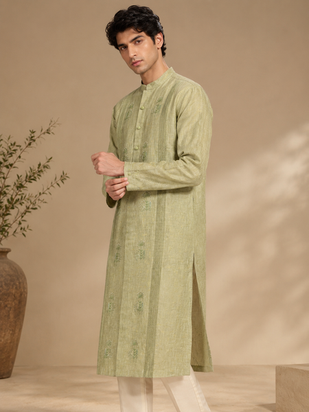 Green & Yellow 100% Linen Kurta Set (The Matcha & Wild Meadow) - MMK0678