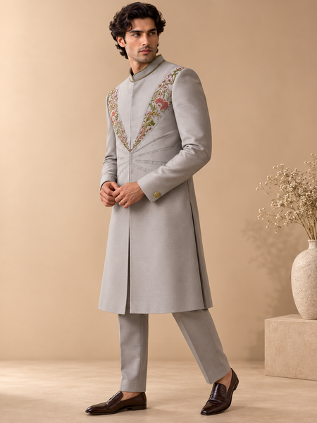 Silver Grey Cotton/Silk Sherwani (Muted Platinum & Peach Blossom) - MMSHR058