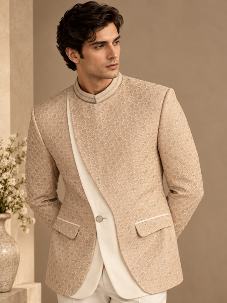 Champagne Sand Chanderi Embroidered Bandhgala - MMJ0179