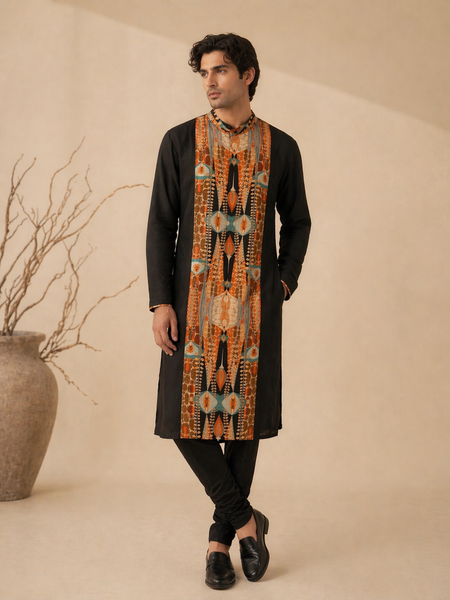 Black Bemberg Silk/Muslin Kurta Set (Burnt Toffee Shadow Float) - MMK0658