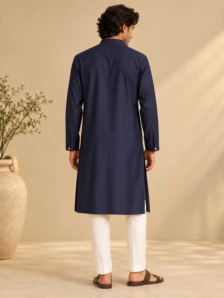 Navy Blue & Ivory Cotton/Silk Kurta Set (The Midnight Ocean Wave) - MMK0684