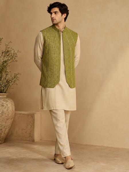 Lime Moss Green Silk/Jacquard Short Open Jacket (The Sweet Lime) - MMSOJ029
