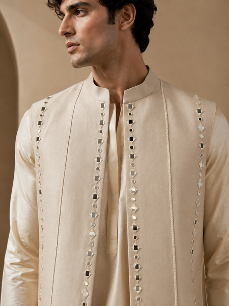 Beige Cotton/Silk Short-Open Jacket (The White Truffle & Champagne) - MMSOJ028
