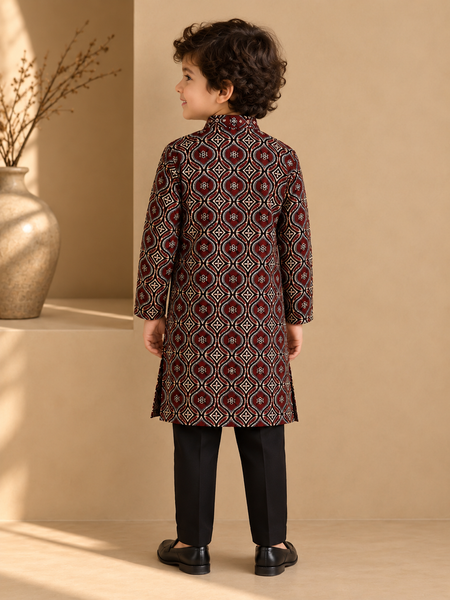Black & Maroon Cotton Kurta Set (Spiced Plum) - MMKWCUS013