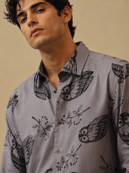 Moonstone Grey Printed 100% Cotton Shirt (Moonstone Nocturne) - MMCUS002