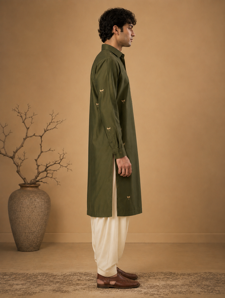Olive Green Cotton Silk Kurta Set (Forest Gold Dragonfly) - MMKCUS003