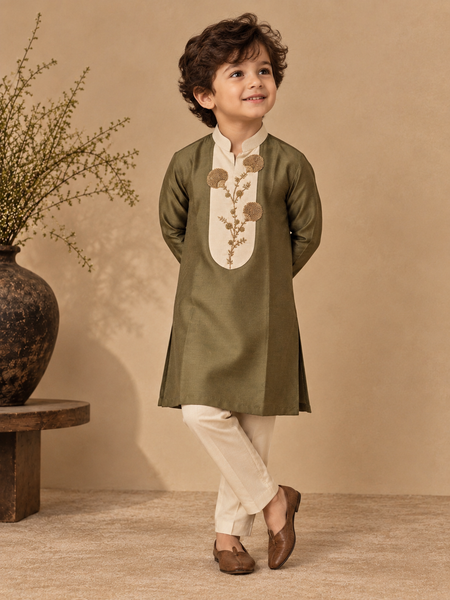 Olive Green & Beige Cotton/Silk Kurta Set (The Little Earthy Olive Crest) - MMKWCUS009