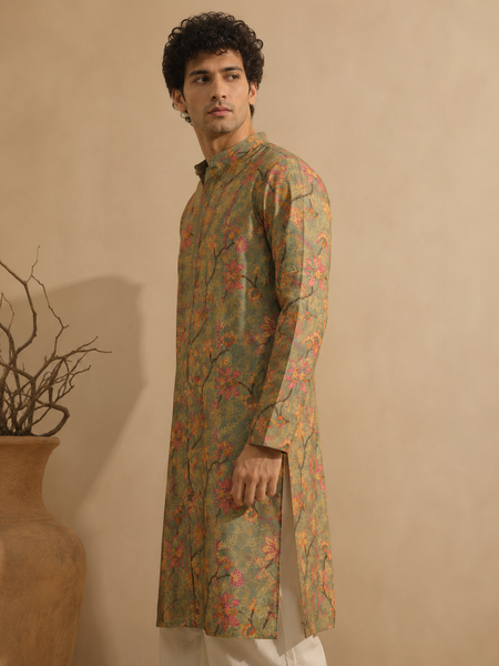 Sage Green Chanderi Printed Kurta (The Verdant Blossom) - MMKCUS004