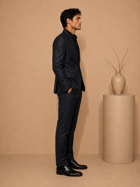 Midnight Blue Italian Wool Blazer & Pant Set (Deep Indigo Cacao & Brass Float) - MMJCUS007