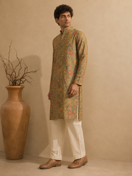 Sage Green Chanderi Printed Kurta (The Verdant Blossom) - MMKCUS004