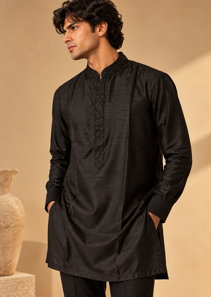 Black Bemberg Silk Short Kurta (The Jet Noir) - MMSKCUS001