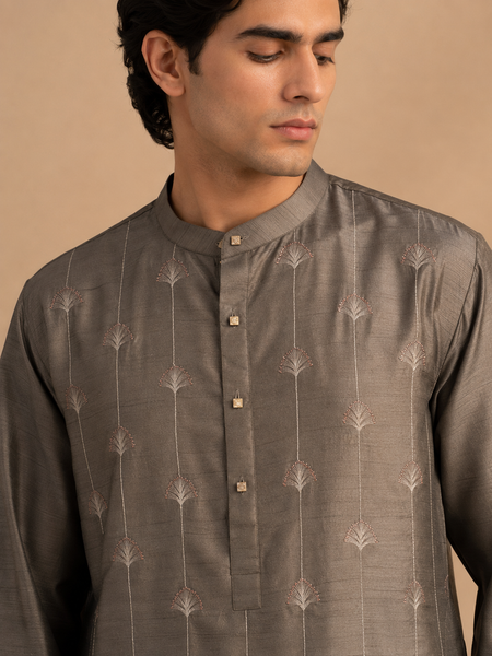 Grey Bemberg Silk Kurta Set (Muted Ganache & Shimmering Chestnut) - MMKCUS001