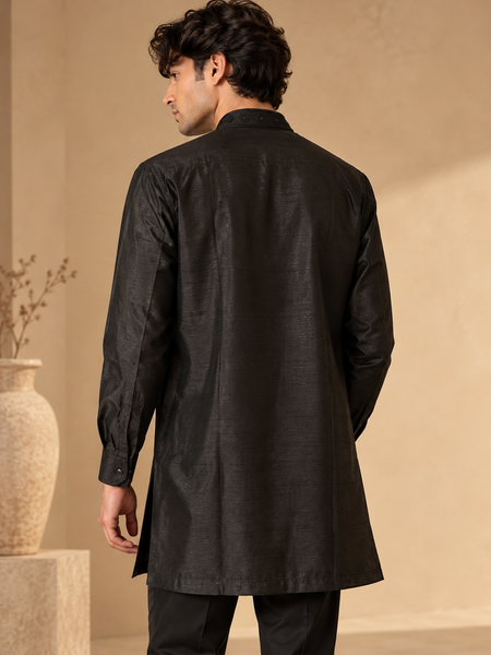 Black Bemberg Silk Short Kurta (The Jet Noir) - MMSKCUS001