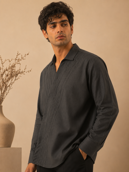 Grey Malai Cotton Shirt (Charcoal Pleated Wrap) - MM0937
