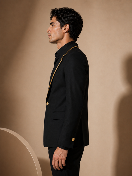 Black & Gold Silk Cotton Blazer (Velvet Coal & Maple-Drizzle Float) - MMJ0176