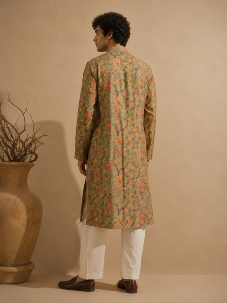 Sage Green Chanderi Printed Kurta (The Verdant Blossom) - MMKCUS004