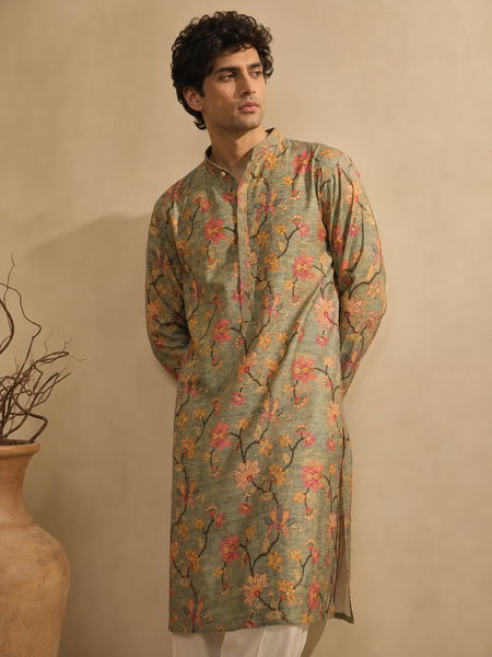 Sage Green Chanderi Printed Kurta (The Verdant Blossom) - MMKCUS004