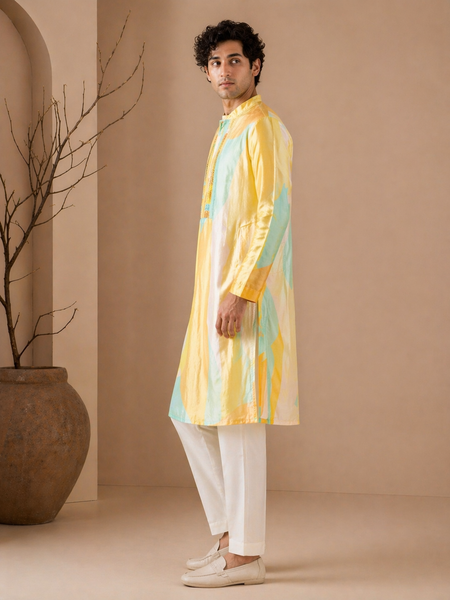 Yellow Muslin Digital Print Kurta Set (Citrus Mint Sovereign) - MMK0661