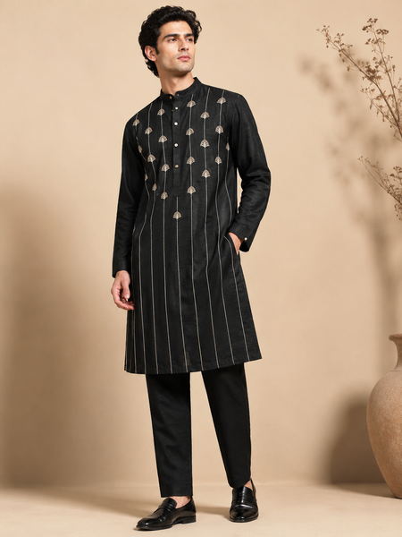 Black Bemberg Silk Kurta Set (Velvet Coal & Gold-Leaf Float)- MMK0668