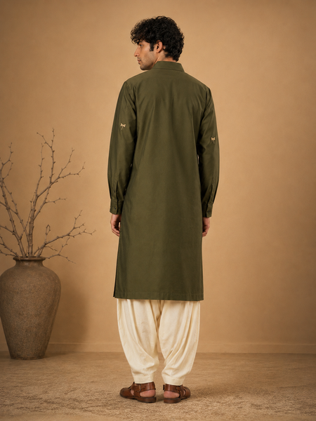 Olive Green Cotton Silk Kurta Set (Forest Gold Dragonfly) - MMKCUS003