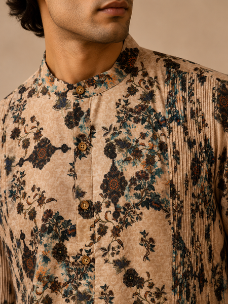 Beige Printed Chanderi Kurta Set (The Toasted Almond Flora) - MMK0675