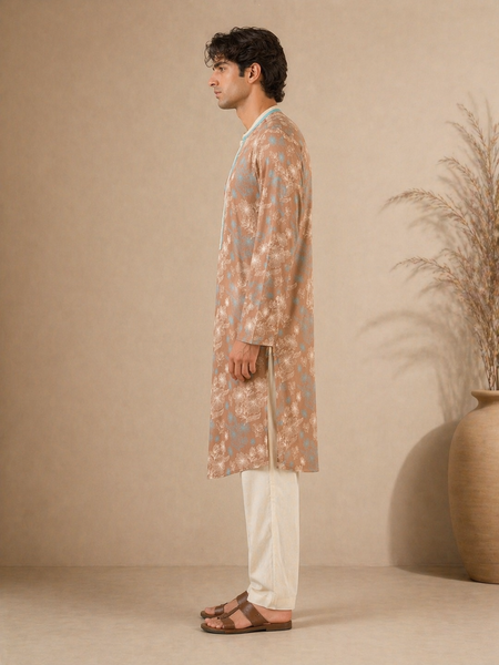 Brown & Blue PrintedMuslin Kurta Set (Monochrome Pulse Duo) - MMK0660