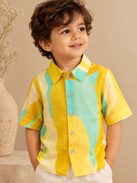 Yellow & Aqua Japanese Muslin Shirt (The Sunlit Shore) - MMKWCUS003