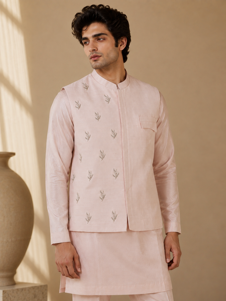 Baby Pink Bemberg Silk Modi Jacket (The Rose & Silver Sprig) - MMWC0246