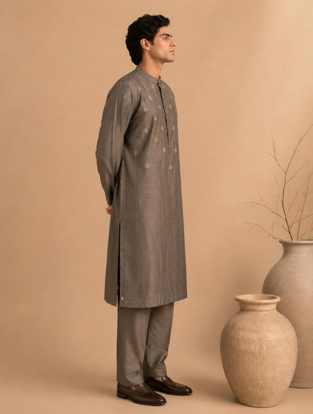 Grey Bemberg Silk Kurta Set (Muted Ganache & Shimmering Chestnut) - MMKCUS001