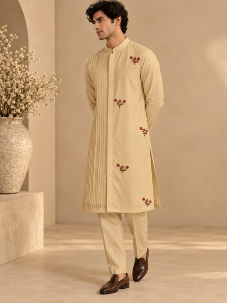 Beige Cotton/Silk Kurta Set (The Sandalwood Blossom) - MMK0679