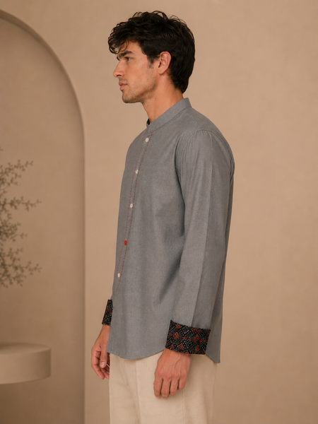 Grey/Blue Malai Cotton Short Kurta (Frosted Ash & Pomegranate Float) - MMSK075