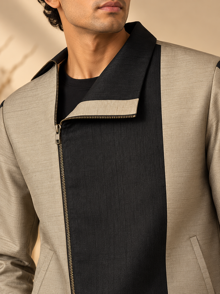 Grey & Black Bemberg Silk Bomber Jacket (The Smoked Quartz & Onyx) - MMBJ062