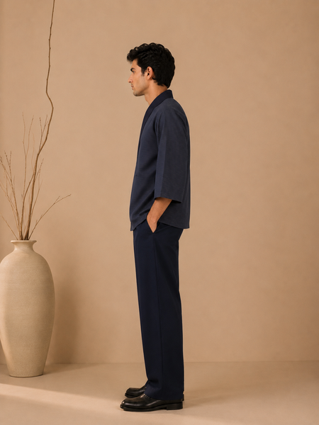 Navy Blue Cotton Silk Cord-Set (Obsidian Kimono Wrap) - MMCRSET008