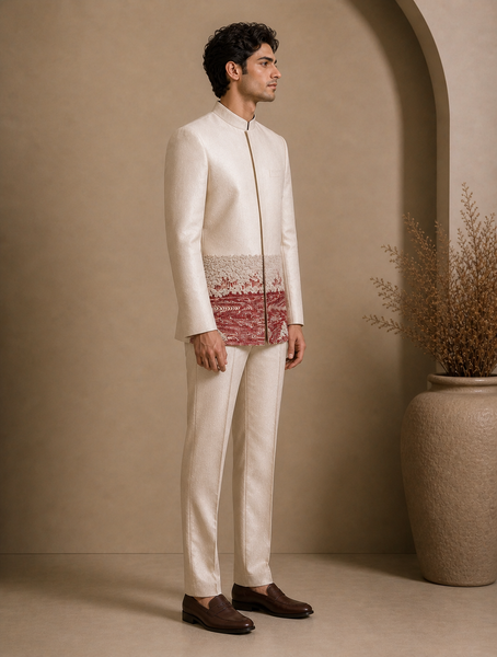 Beige Bemberg Silk Bandhgala (Salted Cream Earth Float) - MMJ0175