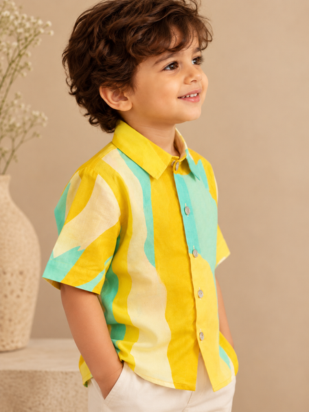 Yellow & Aqua Japanese Muslin Shirt (The Sunlit Shore) - MMKWCUS003