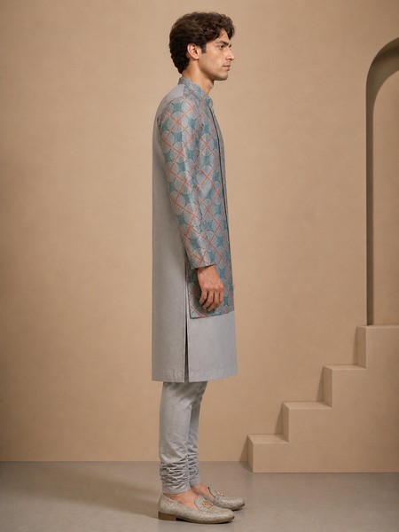 Blue/Grey Muslin Kurta Set (Double-Layer Prism) - MMK0666