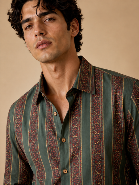 Green Printed Cotton Shirt (Botanical Grid Heritage) - MM0924