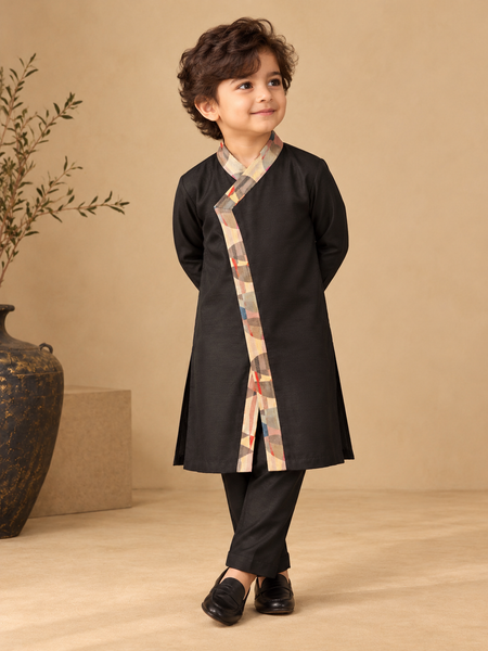 Black Bemberg Silk Kurta Set (The Midnight Geometry) - MMKWCUS005