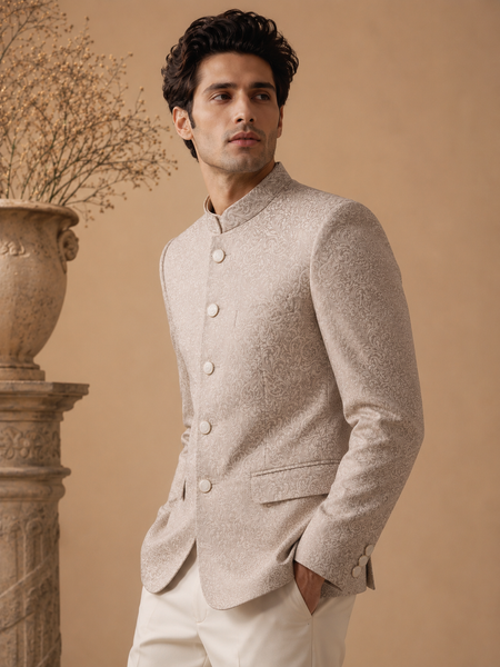 Cream & Gold Jacquard Bandhgala (Champagne Damask) - MMJCUS001