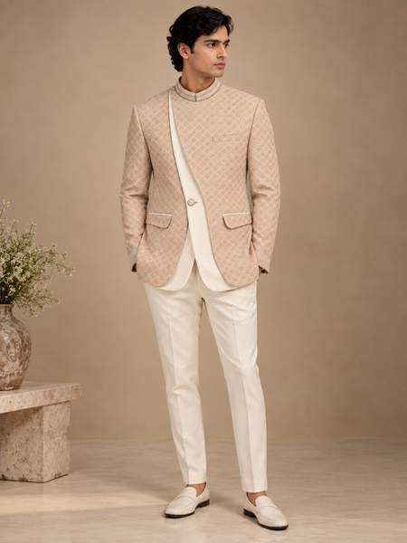 Champagne Sand Chanderi Embroidered Bandhgala - MMJ0179