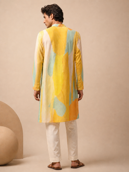 Yellow Muslin Digital Print Kurta Set (Citrus Mint Sovereign) - MMK0661