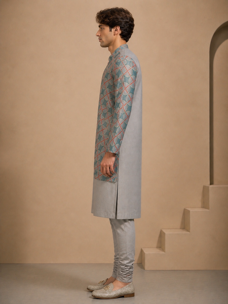 Blue/Grey Muslin Kurta Set (Double-Layer Prism) - MMK0666